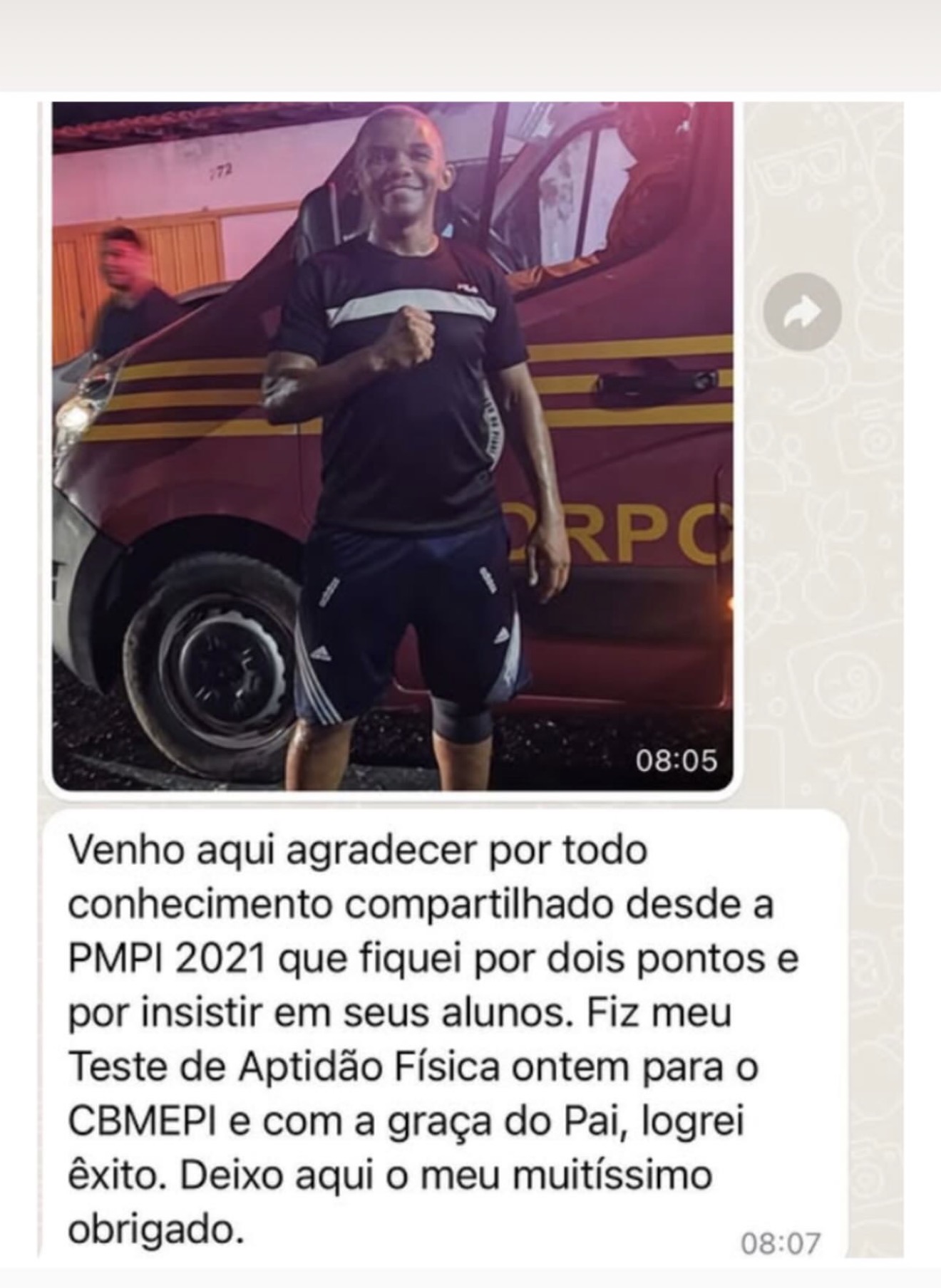 Mensagem real de aluno aprovado no teste físico do CBMEPI